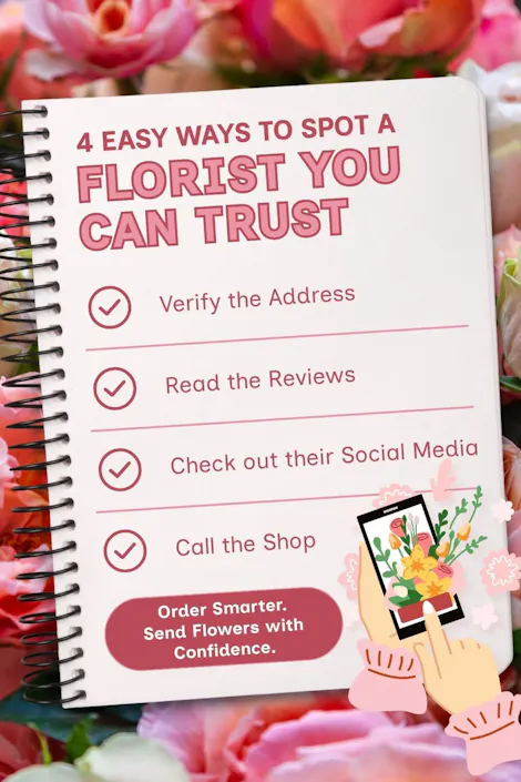 Infographic titled "4 Easy Ways to Spot a Florist You Can Trust" with tips on verifying a florist before ordering flowers