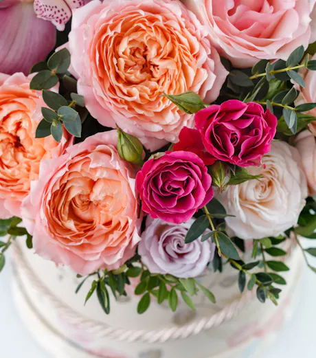 Close-up floral arrangement with peach garden roses, bright pink roses, white roses,, and eucalyptus greenery