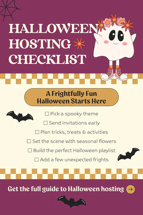 Halloween hosting checklist graphic with a flower-crowned ghost, bats, and tips that say 