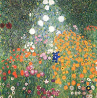 Painting of brightly colored flowers bloom abundantly in a dense garden, displaying hues of orange, red, purple, white, and green foliage. The scene conveys a vibrant, lush natural environment.
