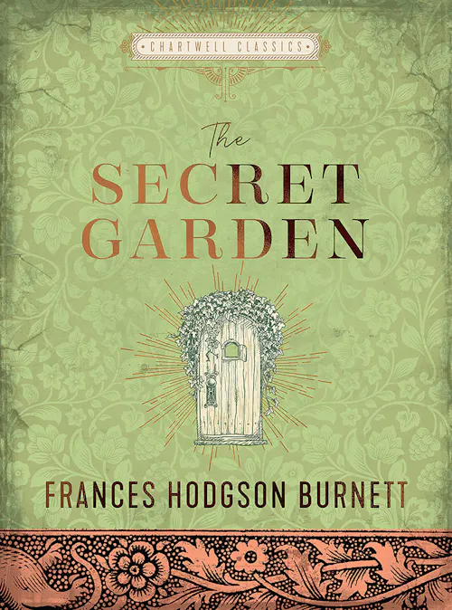Cover of "The Secret Garden" by Frances Hodgson Burnett features an ivy-covered door on a decorative, green floral background.