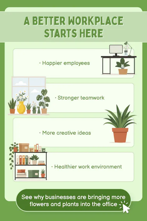 Workplace plants infographic highlighting happier employees, stronger teamwork, creative ideas, and a healthier work environment