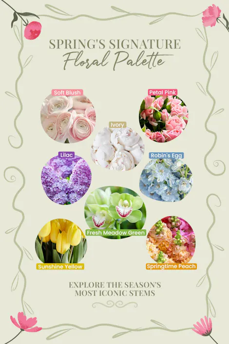 Spring floral palette graphic with labeled colors including blush, pink, lilac, ivory, blue, yellow, and peach blooms