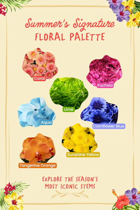 Summer floral color palette graphic with coral, fuchsia, lime, aqua, cornflower blue, sunshine yellow, and tangerine orange spots
