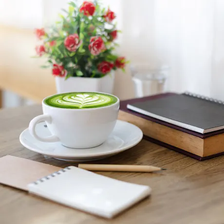 Green matcha latte with leaf art beside a notebook, pencil, and small red flowering plant on a wood tabletop.
