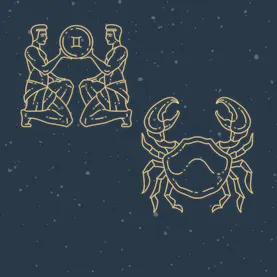 Two outlined figures kneel, holding a disc with a Gemini symbol, and an outlined crab stands below; set on a dark speckled background resembling a starry night sky.