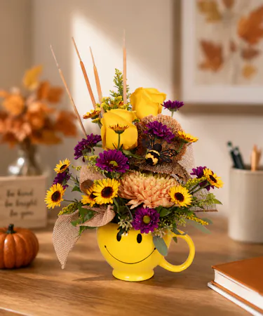 Rose, Sunflower, and Mum Autumn Arrangement