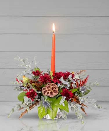 Burgundy Pomp & Red Aster Centerpiece Arrangement
