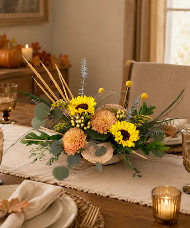 Sunflower, Chrysanthemum, and Berries Fall Centerpiece