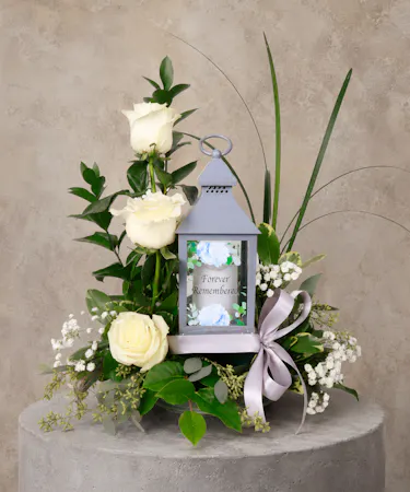 Rose and Baby's Breath Sympathy Arrangement with Decorative Lantern