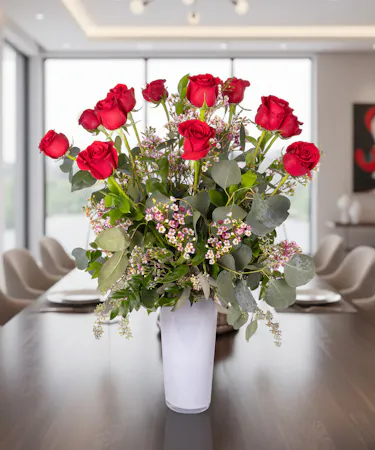 Red Rose, Waxflower, and Eucalyptus Arrangement