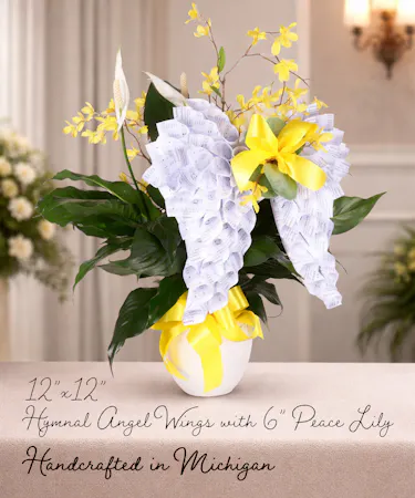 Peace Lily and Handcrafted Hymnal Angel Wings Arrangement