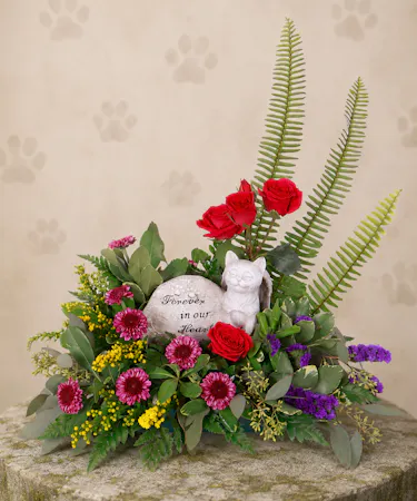 Rose, Chrysanthemum Button Pomp and Much More Pet Memorial Arrangement